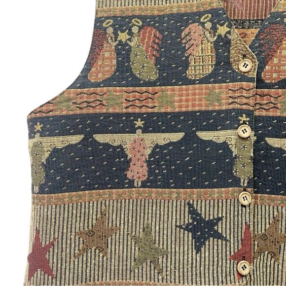 Vintage 90s Tapestry Vest Waistcoat Christmas Folksy Americana Angels Size Large - Picture 6 of 11
